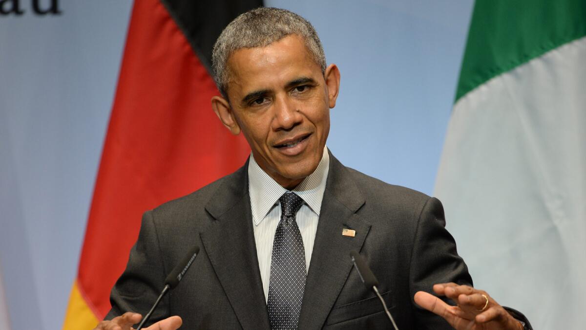 President Obama speaks at a G-7 summit news conference in Garmisch-Partenkirchen, Germany, on Monday.