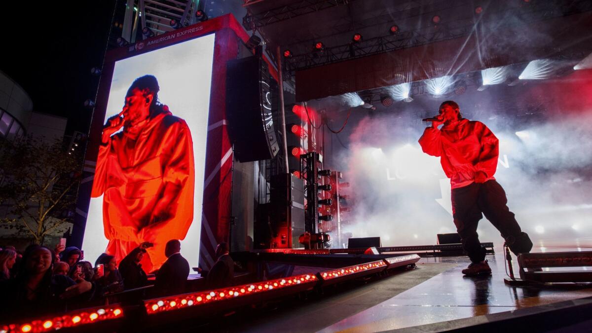 Kendrick Lamar at L.A. Live during the NBA All-Stars weekend road show concert on February 16, 2018 in downtown Los Angeles.