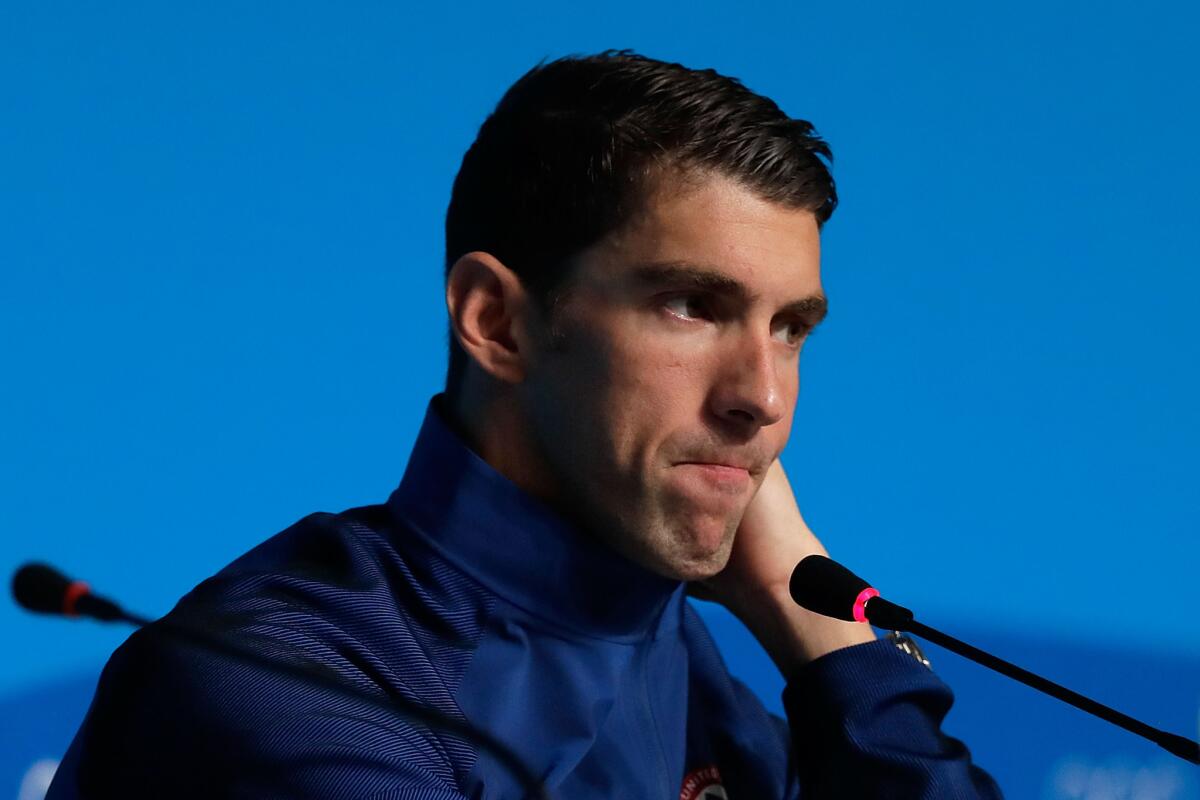 U.S. swimmer Michael Phelps speaks during a news conference at the Main Press Centre on Aug. 14 in Rio de Janeiro.