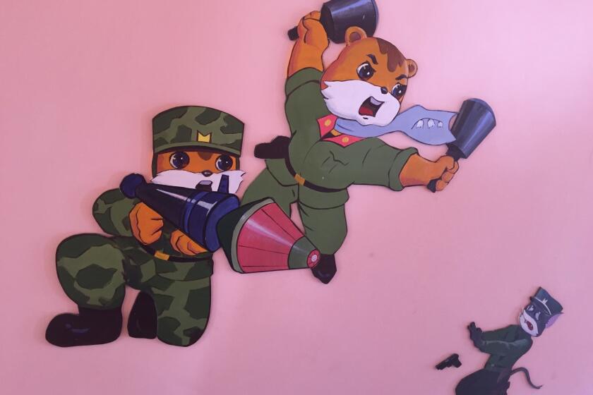 Wall art at the Changchon farm nursery school includes the heavily armed duo of "Squirrel and Hedgehog."