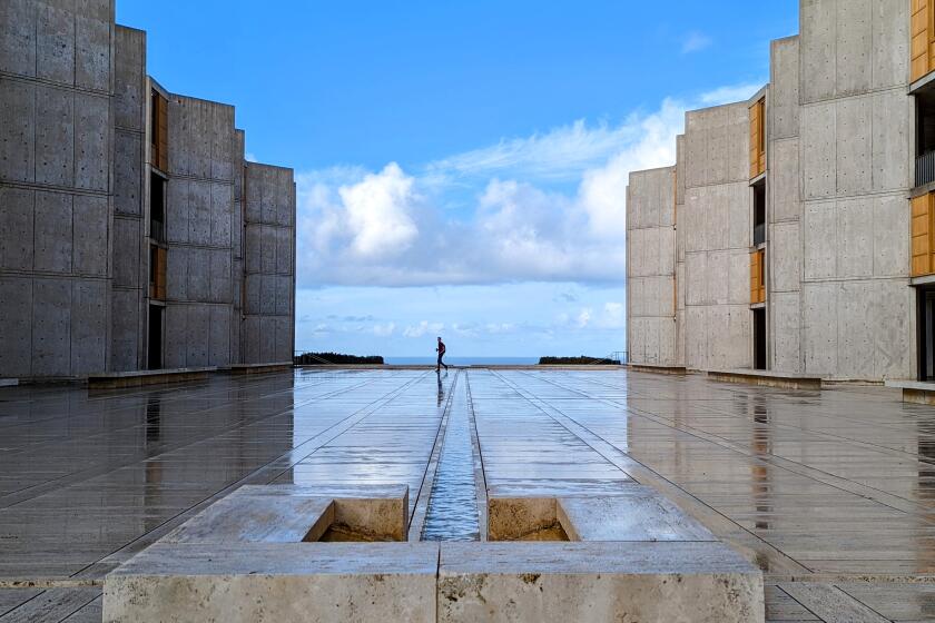 The Salk Institute for Biological Studies shines after an early-morning rain.