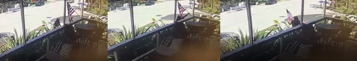 Screenshots from home security footage show a person stealing a flag from outside a Coast Boulevard house.