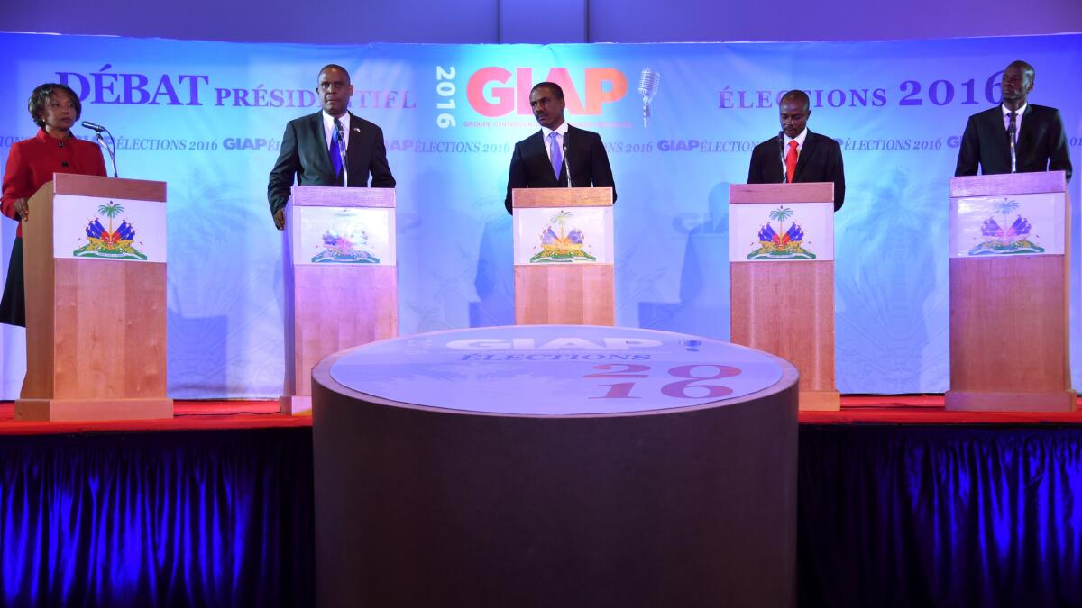Candidates for Haiti's presidency participate in a debate in September 2016. The vote was postponed indefinitely due to Hurricane Matthew.