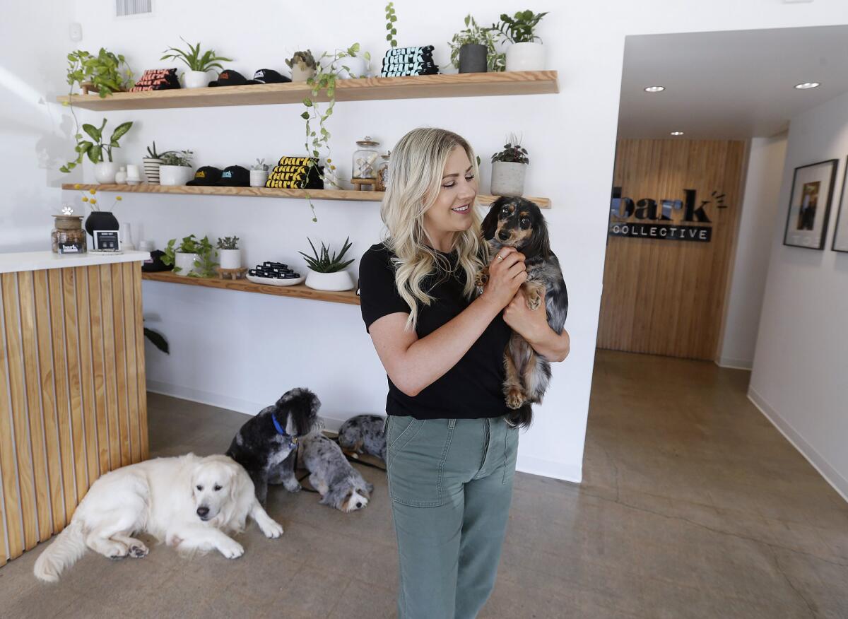 Owner Jillian Parks stands in the lobby of Bark Collective before a group dog walk in Costa Mesa on Thursday.