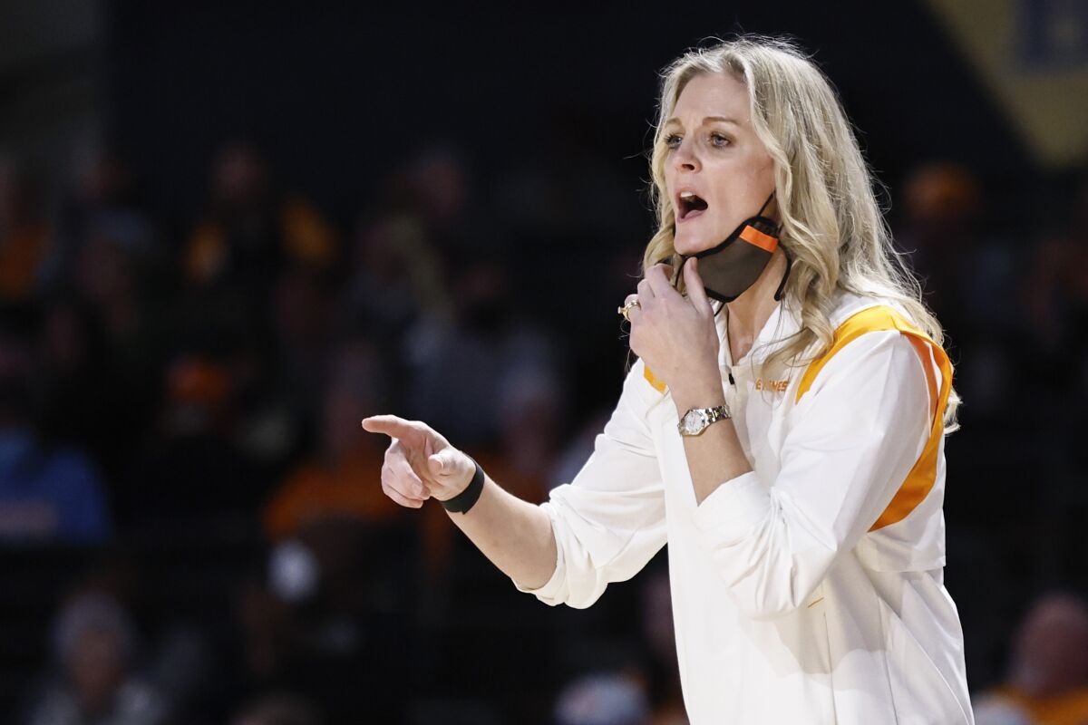 Tennessee head coach Kellie Harper yells to her players during the second half of an NCAA college basketball game against Vanderbilt, Thursday, Jan. 13, 2022, in Nashville, Tenn. (AP Photo/Wade Payne)