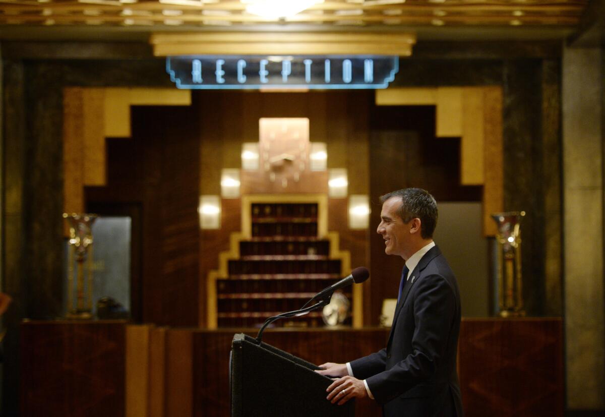 L.A. Mayor Garcetti discusses state film tax credits on the set of “American Horror Story: Hotel.”
