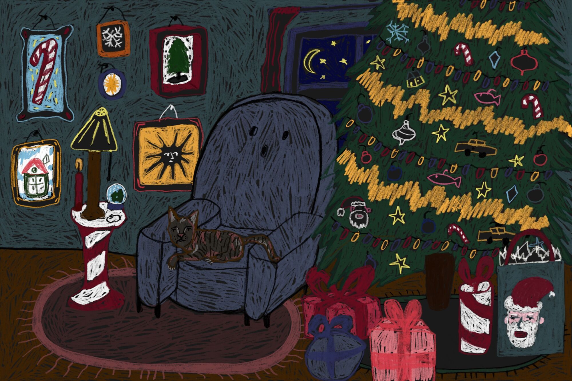 An interior scene of a home decorated for Christmas with lights, a tree, presents, music, and a cat asleep in a chair.