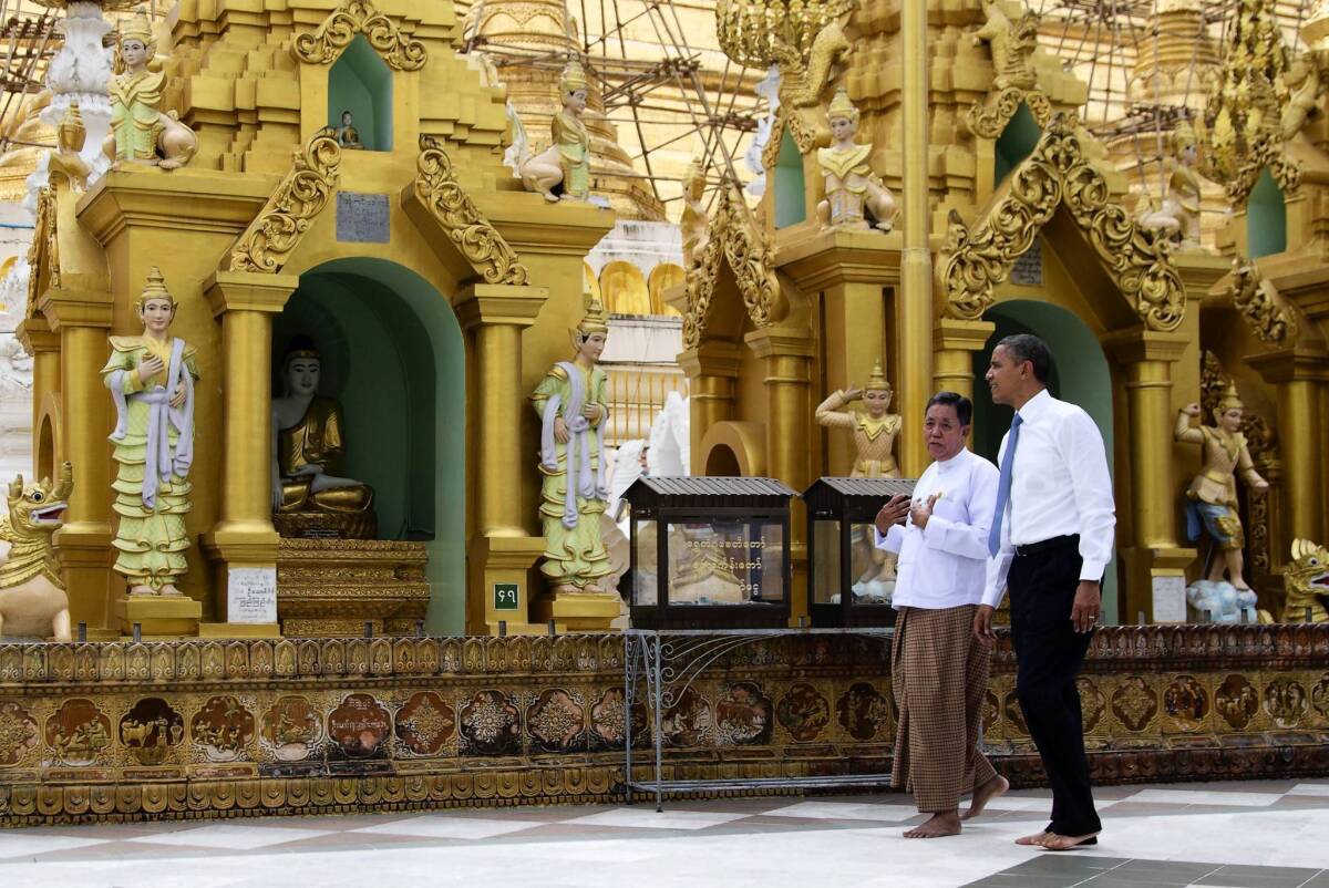 President Obama tours the Shwedagon Pagoda in Yangon, Myanmar, also known as Burma, last month. Some diplomats still use Myanmar with government officials and Burma with foreigners, a path Obama followed during his six-hour visit.