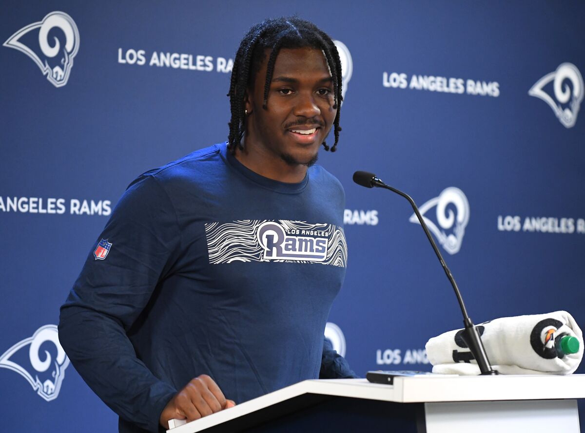 Rams cornerback David Long Jr. answers questions from the media on in Thousand Oaks.