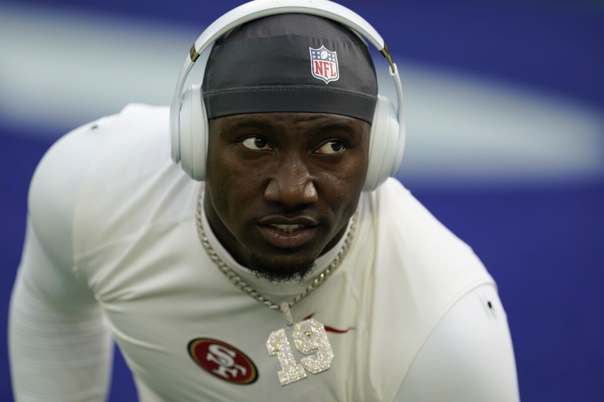 FILE - San Francisco 49ers wide receiver Deebo Samuel (19) warms up before an NFL football game against the Los Angeles Rams, Sunday, Jan. 9, 2022, in Inglewood, Calif. All-Pro receiver Deebo Samuel told ESPN that he has requested a trade from the San Francisco 49ers as the two sides have been unable to negotiate a long-term deal for one of the league's top playmakers. (AP Photo/Marcio Jose Sanchez, File)