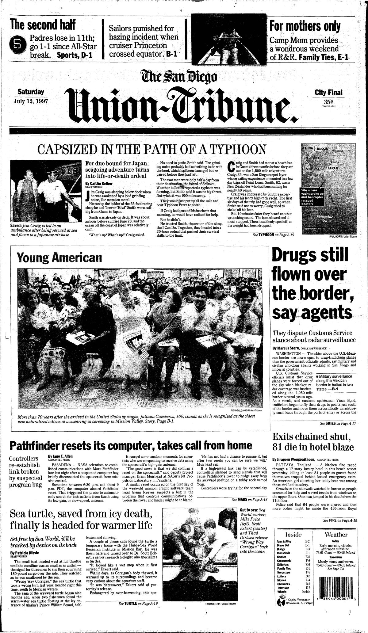 Front page of The San Diego Union-Tribune, July 12, 1997.