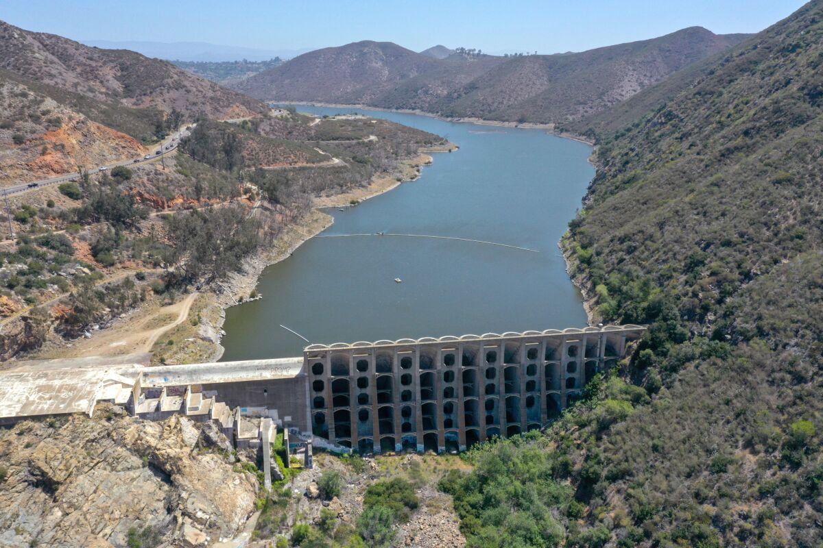 View of the Lake Hodges Dam in this view looking east from the southwest end of the lake. 