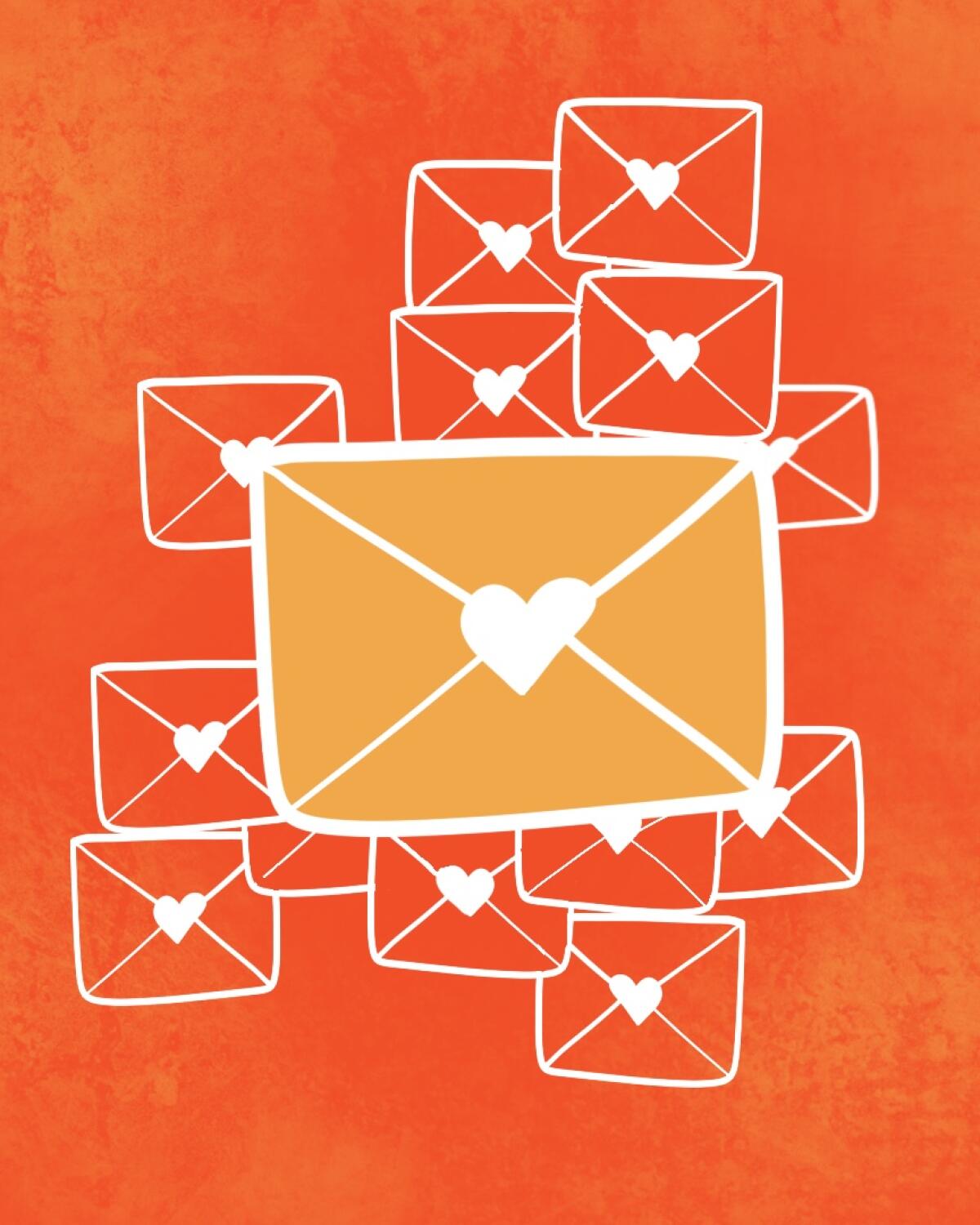 illustration of love letters in envelopes sealed with a heart.