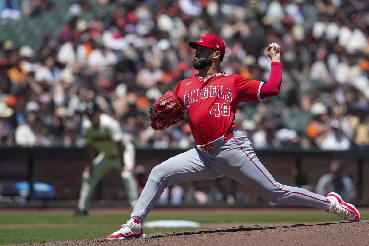Angels starting pitcher Patrick Sandoval delivers against the Giants in the third inning Saturday.