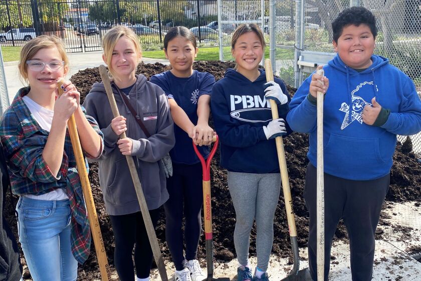 Coco Scatena, Evan Souza, Lena Clapp, Ophie Chen and Joqtzan Hernandez shoveled top soil for planter bins.