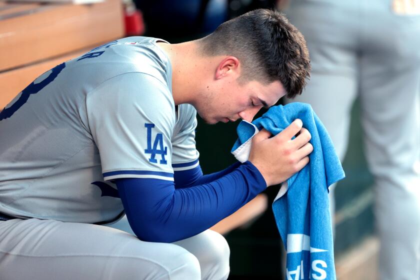 Anaheim, California September 4, 2024-Dodgers pitcher Bobby Miller gave up seven runs to the Angels at Anaheim Stadium Wednesday. (Wally Skalij/Los Angeles Times)