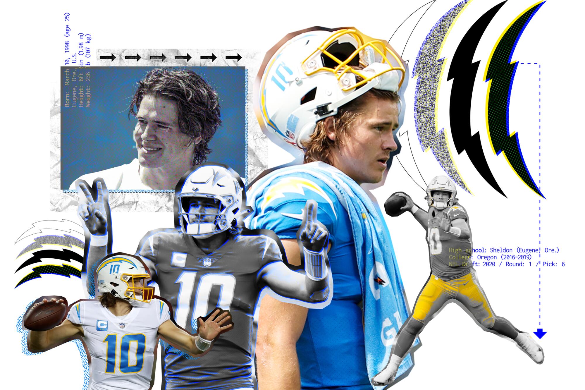 A photo collage of Chargers quarterback Justin Herbert