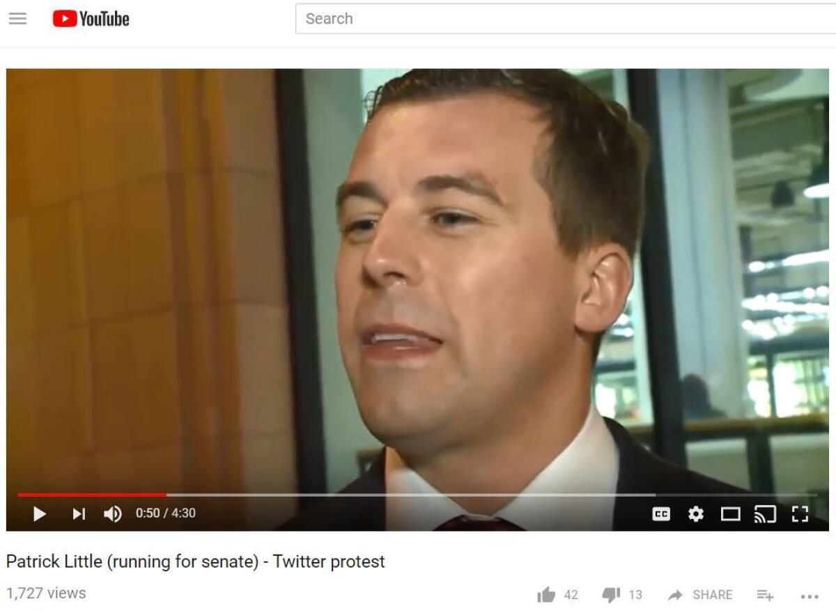 A screenshot from YouTube.com shows a KPIX interview with U.S. Senate candidate Patrick Little arguing that Twitter censors white people.