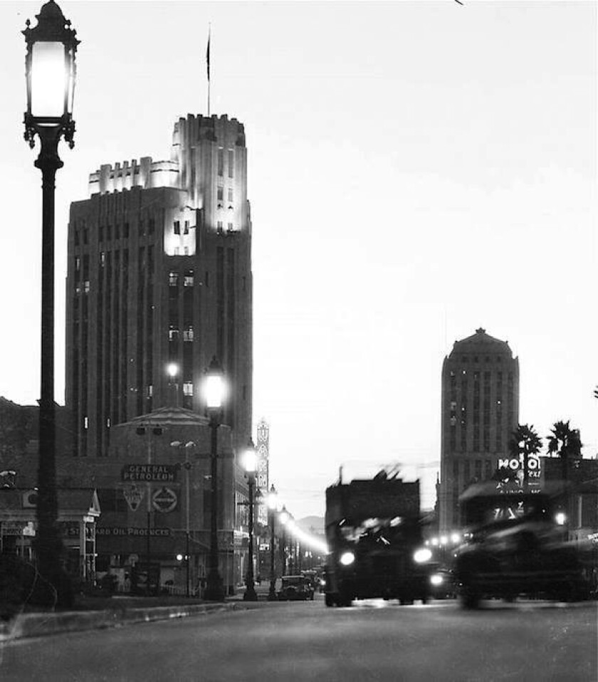 Wilshire Specials light up the street in 1931, looking west on Wilshire Boulevard.