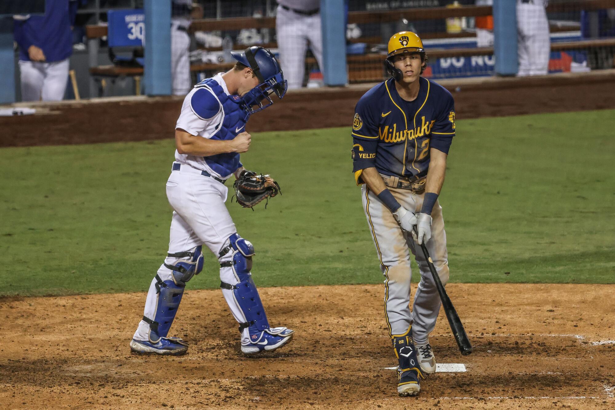 Milwaukee Brewers right fielder Christian Yelich shows his frustration after striking out.