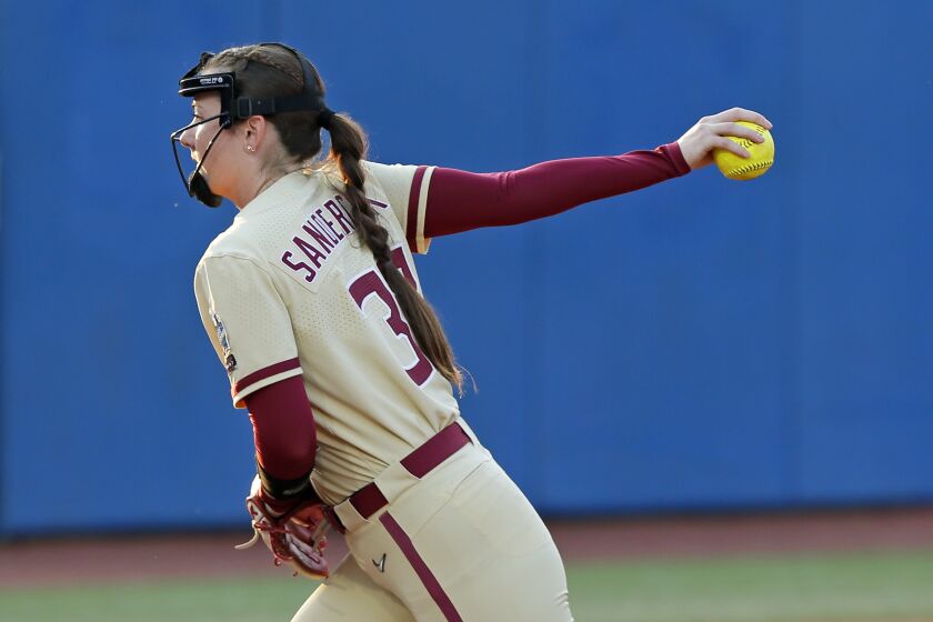 Florida State's Kathryn Sandercock pitches against Tennessee during the fifth inning of an NCAA softball Women's College World Series game Monday, June 5, 2023, in Oklahoma City. (AP Photo/Nate Billings)