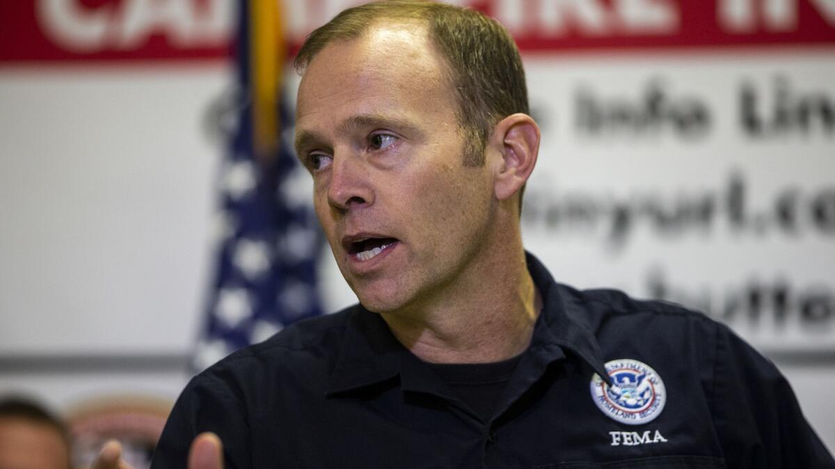 FEMA Administrator Brock Long speaks during a news conference on the Camp fire in Chico, Calif., on Nov. 14.