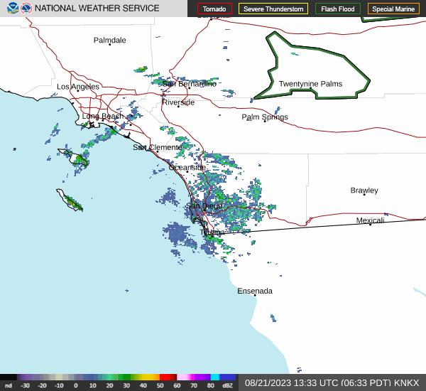 Radar image of San Diego County at 7 a.m. Monday shows remnants of Tropical Storm Hilary.