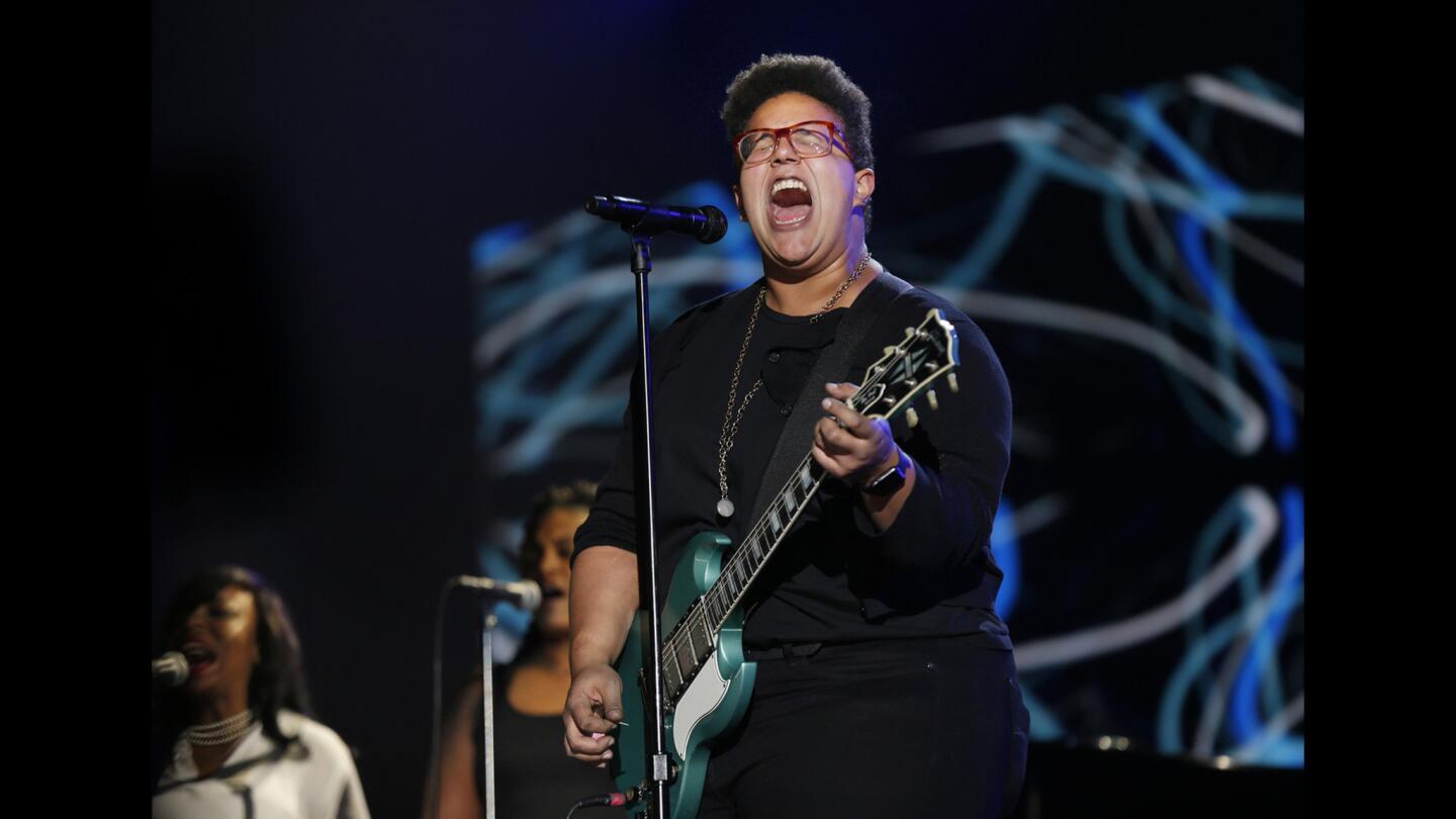 Brittany Howard, singer and guitarist with Alabama Shakes, who are nominated for Album of the Year, rehearses for the 2016 Grammy Awards at Staples Center in Los Angeles.