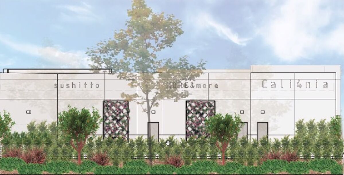 A rendering of the back of the proposed restaurant building by the DoubleTree in Carmel Valley.