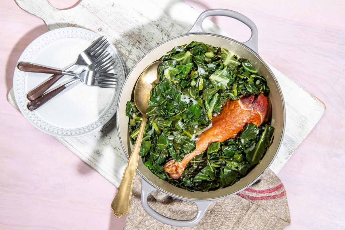 Leftover turkey pieces provide fantastic flavor to a pot of slow-simmered greens. 