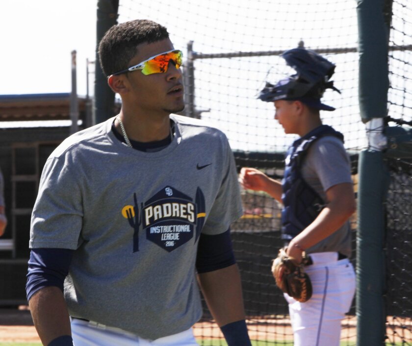 Padres prospect Fernando Tatis Jr. exits the batting cage at 2016 Instructional League.