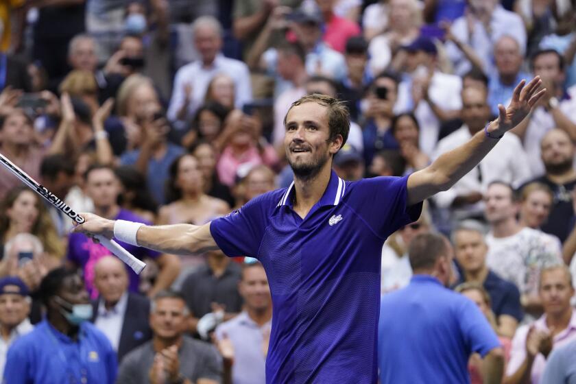 Daniil Medvedev, of Russia, reacts after defeating Novak Djokovic, of Serbia, during the men's singles final of the US Open tennis championships, Sunday, Sept. 12, 2021, in New York. (AP Photo/John Minchillo)