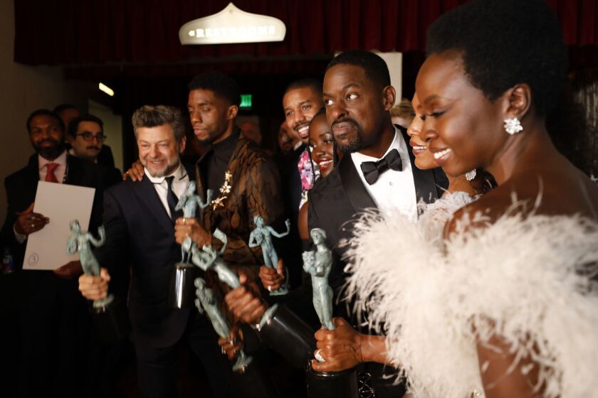 LOS ANGELES, CA - January 27, 2019- "Black Panther" cast Andy Serkis, Chadwick Boseman, Michael B. Jordan, Lupita Nyong'o, Sterling K. Brown, Angela Bassett, and Danai Gurira backstage at the 25th Screen Actors Guild Awards at the Los Angeles Shrine Auditorium and Expo Hall on Sunday, January 27, 2019. (Al Seib / Los Angeles Times)