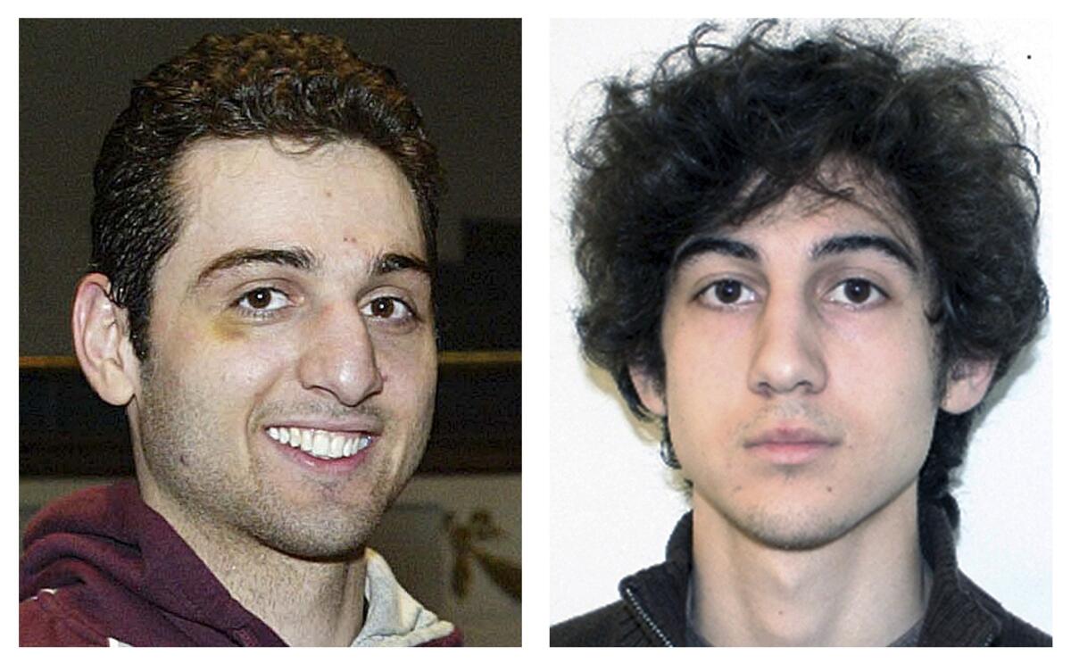 Brothers Tamerlan and Dzhokhar Tsarnaev, suspects in the Boston Marathon bombings on April 15, 2013. Tamerlan Tsarnaev died after a gunfight with police several days later, and Dzhokhar Tsarnaev was captured and is held in a federal prison on charges of using a weapon of mass destruction.