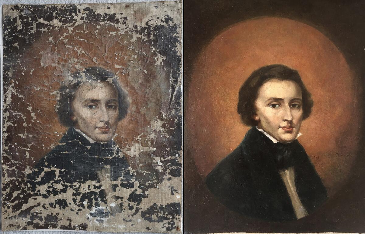This combination of undated photos provided by Dariusz Markowski, left, and Jaroslaw Golebiowski, right, show a portrait of Polish composer Frederic Chopin before and after restoration. A peeling portrait of Polish piano composer Frederic Chopin purchased at a flea market hung modestly in a private house in Poland for almost three decades before an expert dated the painting to the 19th century. The small painting now resides in a bank vault somewhere in eastern Poland while its owners negotiate their next steps. News of the artwork’s existence broke this week as Warsaw hosted the 18th Frederic Chopin Piano Competition. The art expert who examined the portrait says it has significant historic value, but he refrained from estimating what it might sell for. (Dariusz Markowski/ Jaroslaw Golebiowski via AP)
