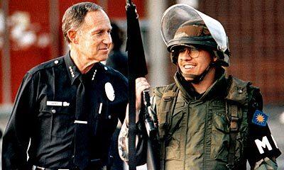 Gates visits several sites during the L.A. riots in the spring of 1992.