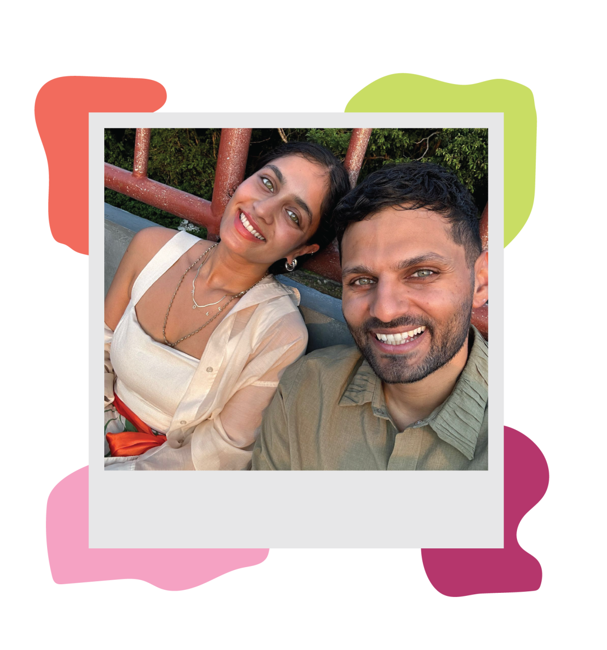Photo illustration in shape of polaroid photo of a man and woman smiling, with colorful shapes behind the corners.