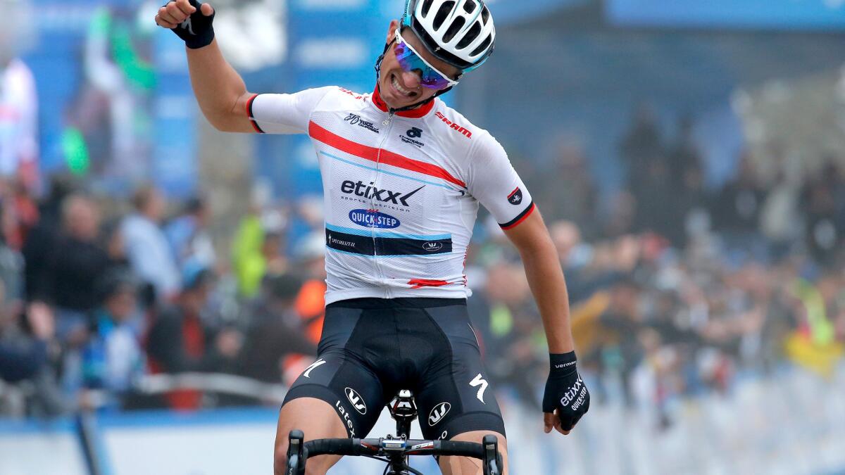 Julian Alaphilippe celebrates as he wins the seventh stage of the Tour of California on Saturday in Mount Baldy.