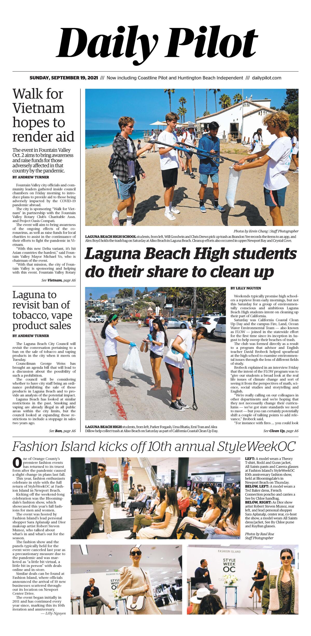 Front page of Daily Pilot e-newspaper for Sunday, Sept. 19, 2021.