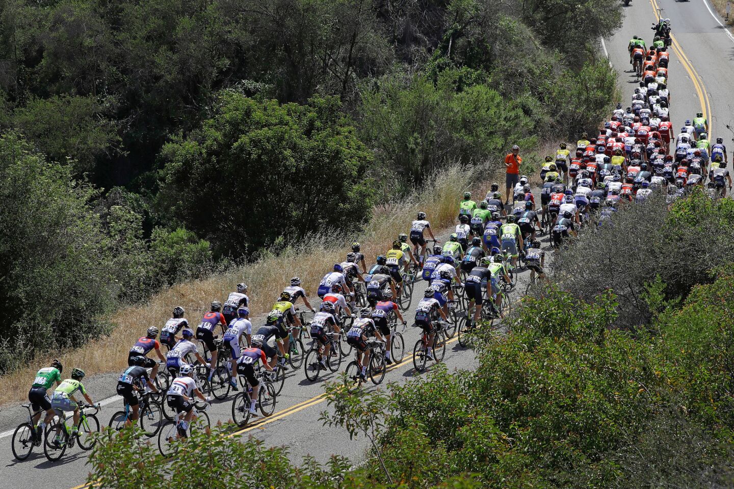 The peloton makes the climb along Casitas Pass Road during stage three of the Amgen Tour of California on May 17.