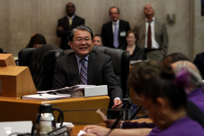 William T Fujioka, county chief executive officer, speaks at the Board of Supervisors meeting in Los Angeles in April 2013.