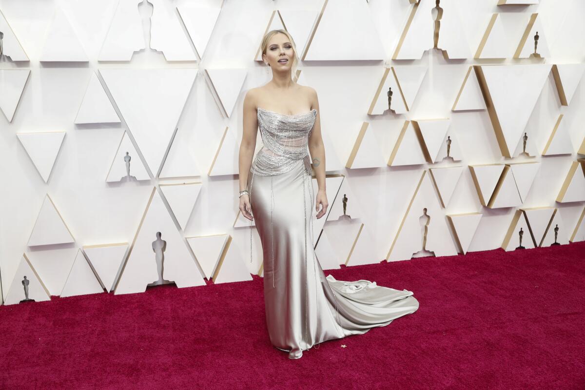 Scarlett Johansson arrives at the 92nd Academy Awards.