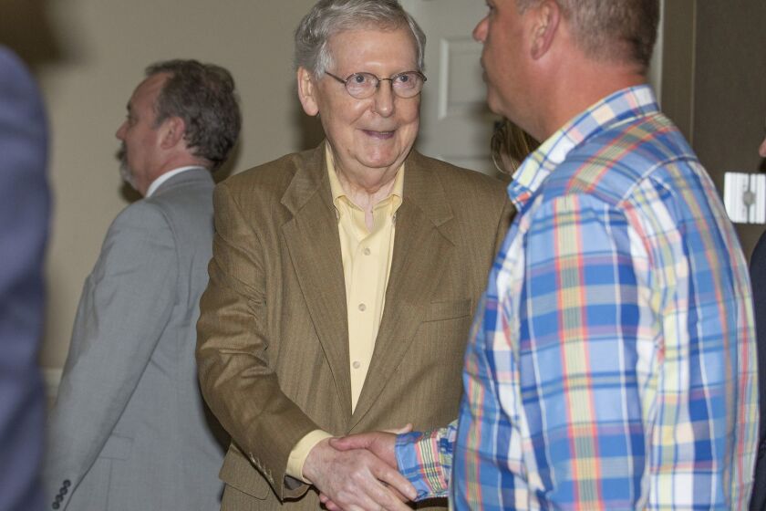 U.S. Senate Majority Leader Mitch McConnell, R-Ky., greets attendees at the Paducah Chamber luncheon at Walker Hall, Tuesday, May 28, 2019, in Paducah, Ky. (Ellen O'Nan/The Paducah Sun via AP)