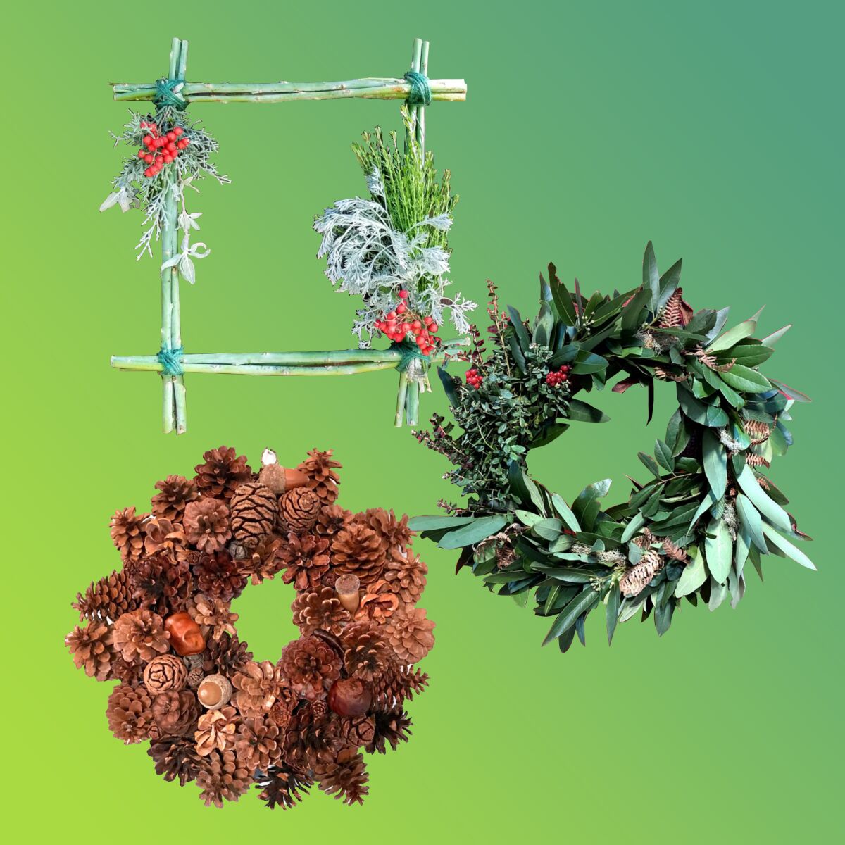An illustration shows three wreaths, each made of natural materials including sticks, cones and leaves.