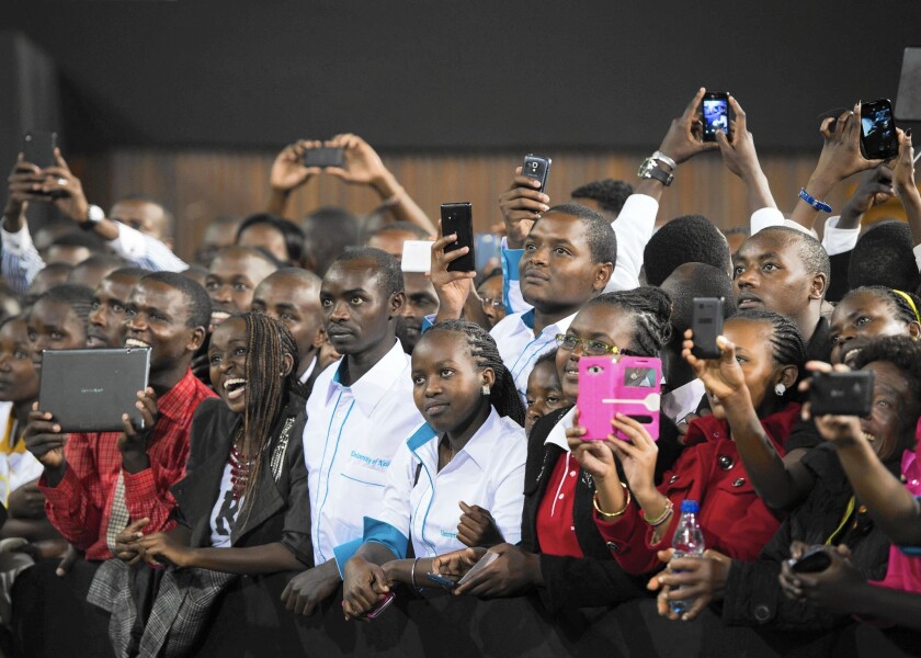 The audience focuses on President Obama at an arena in Nairobi on July 26, 2015.
