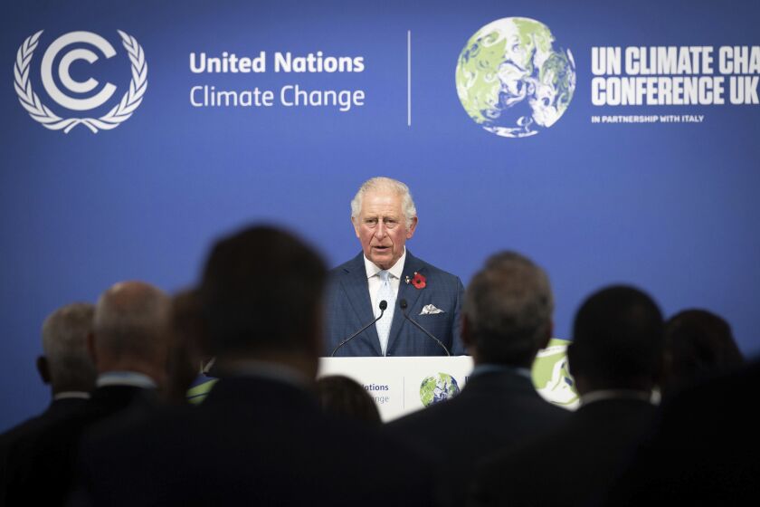 El entonces príncipe Carlos en la cumbre COP26 en Glasgow, Escocia, el 2 de noviembre del 2021. (Stefan Rousseau/Pool Photo via AP)