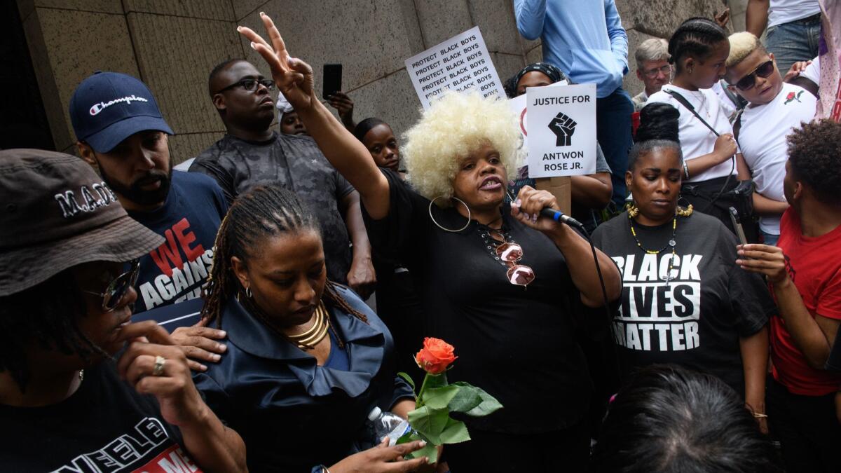 More than 200 people gather for a rally at the Allegheny County Courthouse in Pittsburgh on June 21 to protest the fatal shooting of an unarmed black teen.