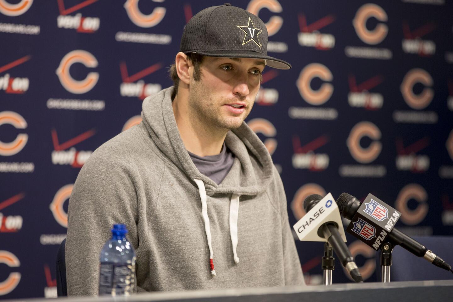 Jay Cutler speaks during a press conference.
