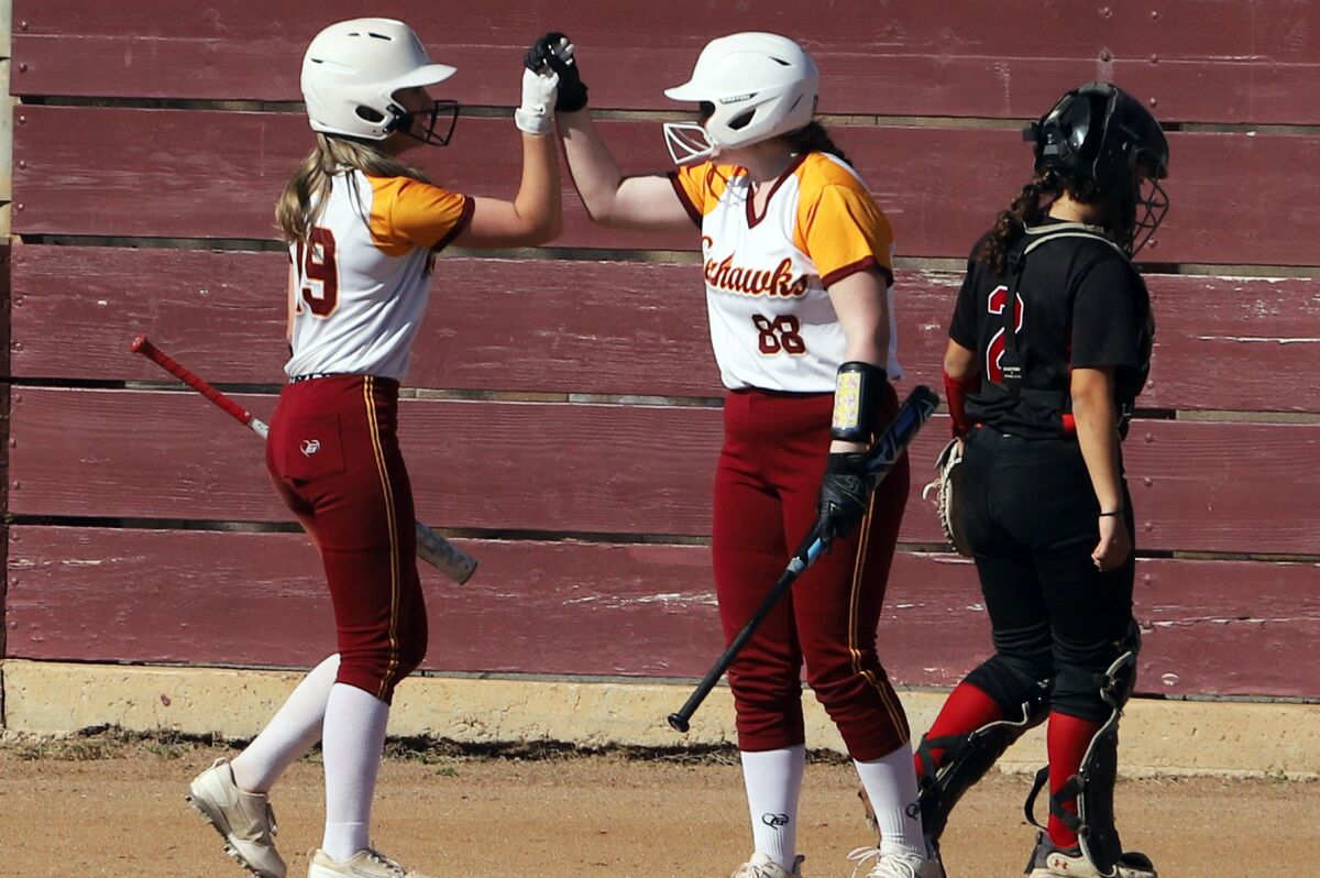 Ocean View's Sienna Erskine (19) and Sydney Fullbright (88) high-five after Erskine scores against Garden Grove on Friday.