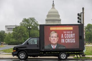 WASHINGTON, DC - APRIL 28: A mobile billboard showing Supreme Court Chief Justice Roberts is seen outside the U.S. Capitol on April 28, 2023 in Washington, DC. Government watchdog Accountable.US is holding Supreme Court Chief Justice Roberts accountable for his inaction following recent ethics issues among the Court. (Photo by Tasos Katopodis/Getty Images for Accountable.US)